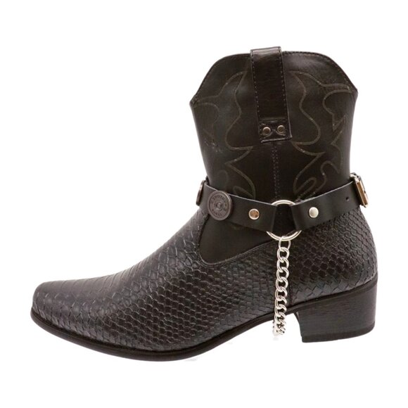 NEW Men Biker Boot Silver Chain Faux Leather 2 Straps Shotgun Bullet Shell Charm - Picture 12 of 16